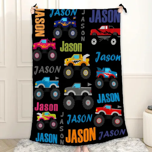 Vista 11 de Manta de Bebé Personalizada con Camiones de Construcción Personalizados Camión Volquete Mantas con Nombre para Niños y Niñas Manta Suave de Arrullo