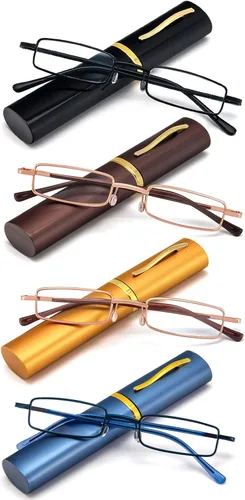 Vista 8 de REAVEE - 2 unidades de gafas de lectura con bolígrafo delgado para hombres y mujeres, tamaño pequeño de bolsillo, tubo con bisagra de resorte