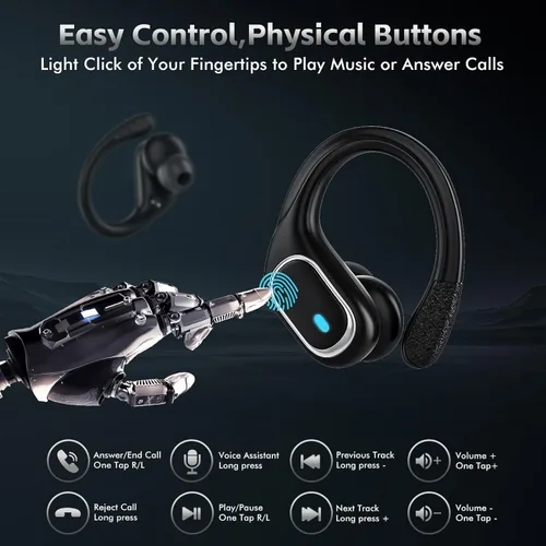 Vista 5 de Auriculares inalámbricos Bluetooth 80 horas de reproducción, IPX7, impermeables, funda de carga inalámbrica, ganchos para los oídos (negro)