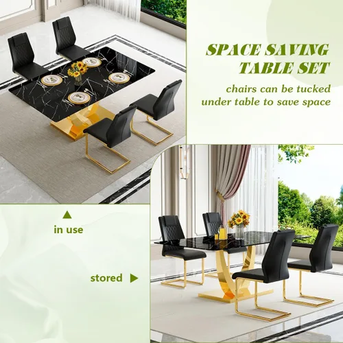 Vista 8 de Juego de mesa de comedor negra para 4, 63 x 35.4 x 30 pulgadas, mesa de comedor moderna rectangular con patas y base de acero inoxidable, sillas