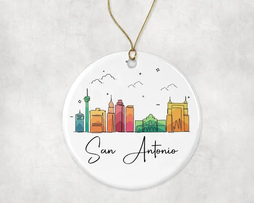 Vista 3 de Adorno de San Antonio, adorno de Navidad con puntos de referencia, colorido gráfico de horizonte de ciudad, nuevos regalos para Navidad impresos