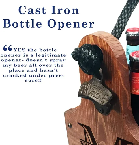 Vista 5 de Carrito de cerveza de madera personalizado con abrebotellas y colector magnético de tapas de botellas. Hecho a mano de madera rústica de seis