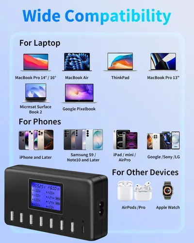 Vista 4 de Estación de carga USB de 60 W, 12 A, 8 puertos, cargador concentrador USB multipuerto, pantalla LCD de tamaño compacto, compatible con iPhone, iPad