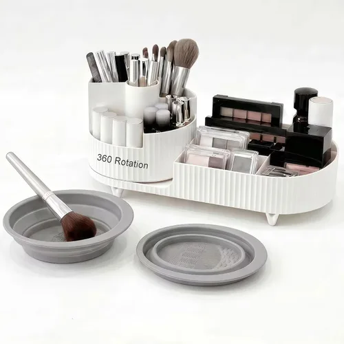Vista 16 de Organizador de brochas de maquillaje giratorio de 360 grados, diseño desmontable, 5 ranuras, para cosméticos y lápices, organizador para escritorio