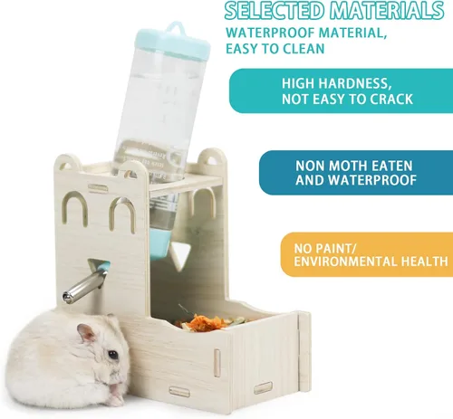 Vista 3 de Soporte de madera para botella de agua de hámster, dispensador de agua para animales pequeños, 4.2 fl oz para beber con botella, base de contenedor