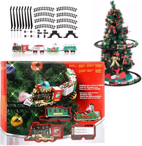Vista 2 de Juego de tren de árbol de Navidad con luz y sonido colgante de tren de Navidad con locomotora, coche de carbón, carro, trineo y pistas árbol