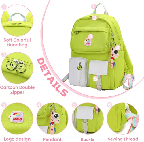 Vista 3 de AUOBAG Mochilas Kawaii para niñas, mochila con colgante gratuito incluido, perfecto para niños de escuela primaria, Verde, Mochilas tradicionales