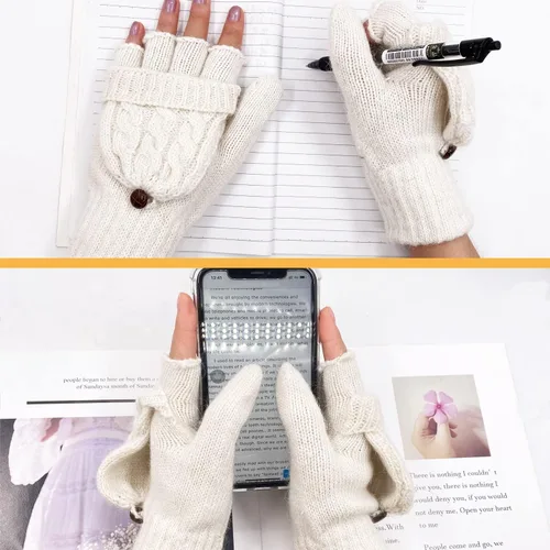 Vista 118 de Beurlike Guantes de invierno para mujer, de lana cálida, a prueba de viento, convertibles, sin dedos