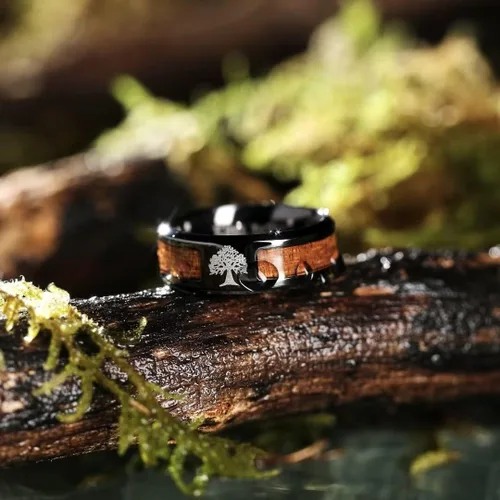 Vista 3 de King Will Anillo de titanio negro de 0.315 pulgadas con incrustaciones de ópaloárbol láser, anillo de boda de buceador de alto pulido para mujeres