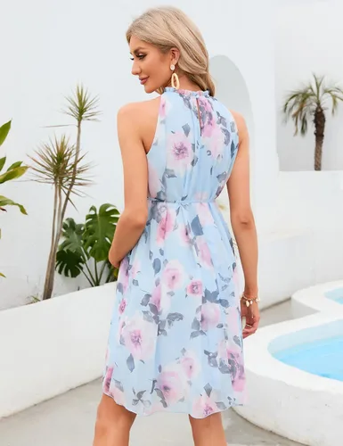 Vista 6 de KOJOOIN Vestido de maternidad con cuello halter y volantes, de verano, casual, bohemio, sin mangas, de cintura alta, fluido para sesión de fotos