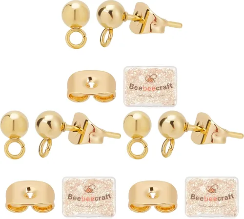 Vista 13 de Beebeecraft 100 piezas de 2 colores, componentes para aretes de bola con perno, chapados en oro de 24K y plata de ley 925, acero inoxidable 304