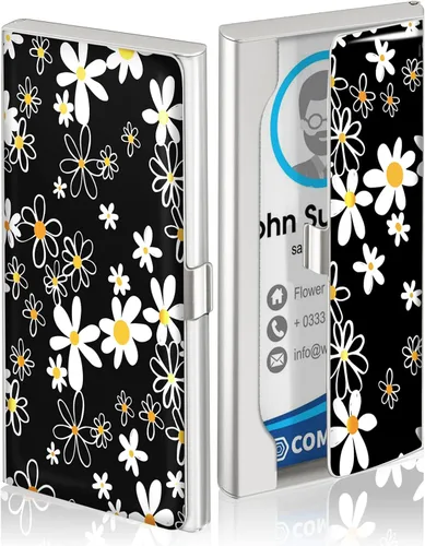 Vista 2 de Swooflia Funda para tarjetas de visita para mujer, de metal, margarita negra, delgada, con bolsillo, funda cuadrada, regalos lindos para agentes