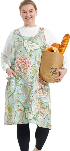 Vista 37 de Delantales grandes de talla grande para mujer con bolsillos de algodón y lino para hornear cocina