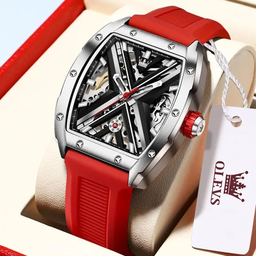 Vista 2 de OLEVS Tonneau - Relojes automáticos de esqueleto para hombre, de lujo, elegante, con banda de silicona, impermeable, luminoso, relojes de pulsera