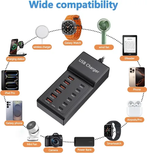 Vista 2 de Bloque de Cargador USB C Multi USB Estación de Carga 50W 12 Puertos Hub USB C Múltiple Tira de Carga USB para iPhone 13/14/15/16/Smartphone/Tablet