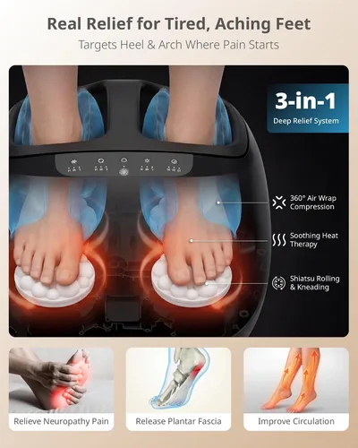Vista 3 de Máquina masajeadora Shiatsu de pies con 3 niveles de calor, masaje profundo, compresión de aire, control remoto para fascitis plantar, neuropatía