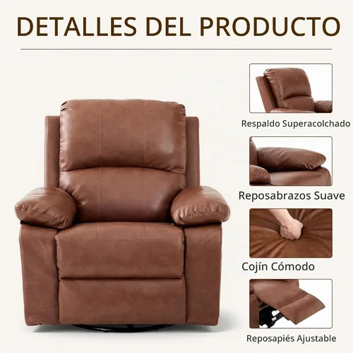 Vista 6 de Silla reclinable de cuero mecedora giratoria de 360° para adultos Camello