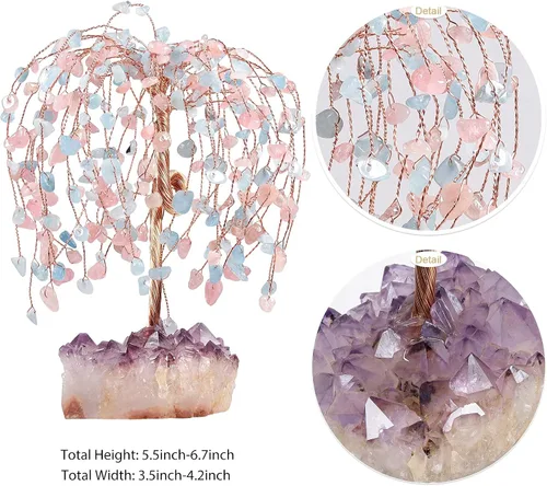 Vista 4 de SUNYIK Juego de árbol de dinero de cristal curativo de cuarzo rosa y aguamarina sobre base de racimo de amatista, adorno de Feng Shui, decoración