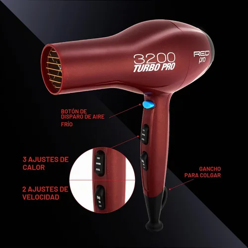 Vista 3 de Kiss Productos Red Pro 3200 Turbo Pro Detangler Secador de CA con 3 accesorios de peinado adicionales