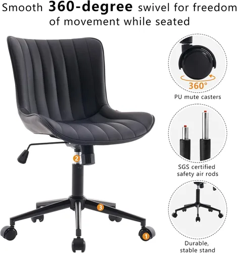 Vista 4 de YOUNIKE Silla de escritorio compacta negra para oficina en casa con ruedas, silla de tocador linda sin brazos cómoda con respaldo basculante