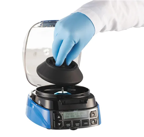 Vista 3 de Mini centrífuga de alta velocidad con temporizador y control de velocidad, 500 a 12500 RPM, 100-240VAC, 50/60Hz, enchufe universal, azul