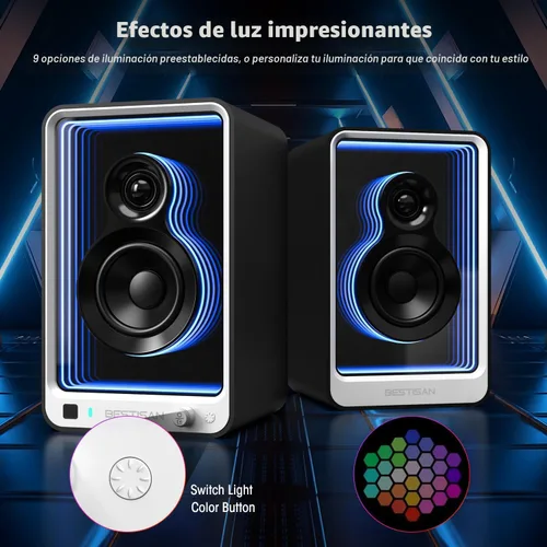 Vista 2 de BESTISAN 50W*2 Altavoces de estantería activos con efecto de luz dinámica, altavoces de graves de 3" para computadora con entrada ARC/Óptica/RCA/BT