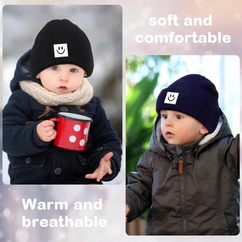 Vista 5 de Gorro de punto con cara sonriente para bebé, 3 unidades, para niños pequeños, gorro de invierno suave bordado con cara sonriente