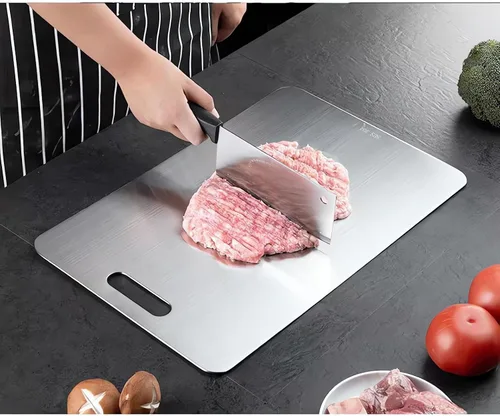 Vista 7 de Juego de tablas de cortar de acero inoxidable de 3 a 2 caras para cocina, tabla de cortar de acero inoxidable 304 no plástica para carne, frutas