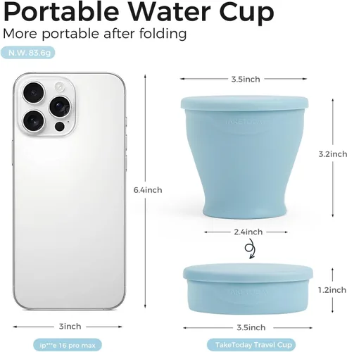 Vista 4 de TakeToday 2 vasos plegables de viaje de 8 onzas, taza de agua plegable de silicona, sin BPA con tapa y bolsa impermeable, juego de vasos para beber