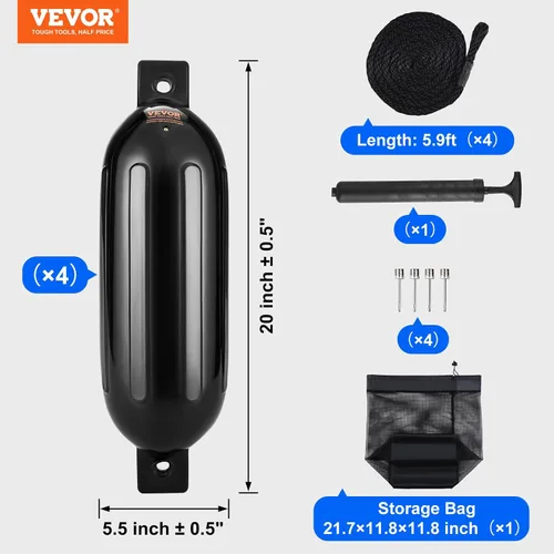 Vista 7 de VEVOR Boat Fenders, 5.5" x 20" Boat Bumpers for Docking, Inflatable Ribbed Fender with Center Holes, Marine Boat Dock Fender Bumper with Air Pump
