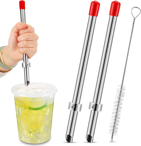 Vista 8 de Lasnten Paquete de 2 perforadores de paja para tapas de plástico, vasos de limonada, herramientas de perforación de acero inoxidable para bebidas