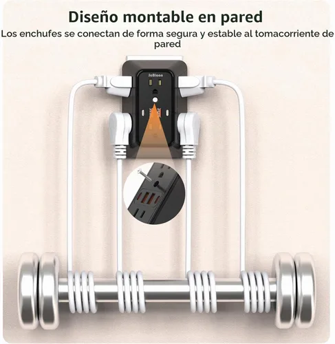 Vista 3 de Regleta de pared con cargador USB, protector contra sobretensiones con 4 puertos USB (2 USB C), extensión de enchufe, múltiples salidas, extensión