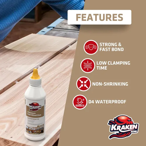 Vista 2 de Kraken Bond D4 - Pegamento para madera de secado rápido, (1 x 13.5 onzas líquidas), pegamento de poliuretano impermeable de grado marino