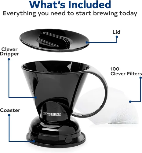 Vista 3 de Clever Gotero y filtros de café, grande de 18 onzas (negro), Barista's Choice, plástico seguro sin BPA, incluye 100 filtros Azul pavo real
