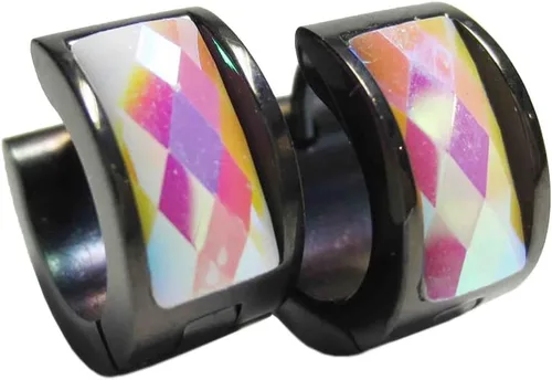 Vista 14 de Aretes de aro de acero inoxidable con cristal multicolor negro para hombres y mujeres