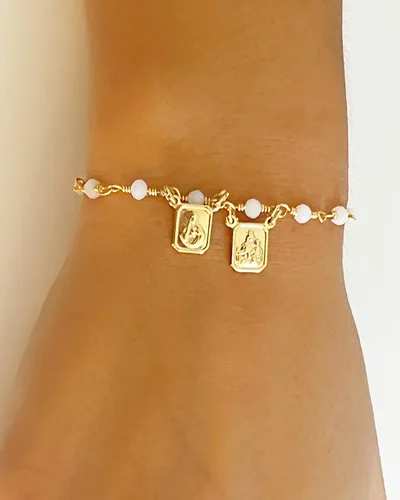 Vista 7 de Pulsera escapular católica con cuentas de cristal blanco ajustable M Cristal Chapado en oro