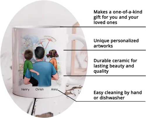 Vista 4 de Gossby Taza personalizada de café para papá, el mejor papá (2 niños en el hombro de papá), regalo personalizado de 11 onzas y 15 onzas para papá, 2