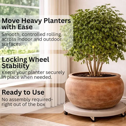 Vista 4 de Carrito de plantas rodante de 16 pulgadas con ruedas y orificio de drenaje, plataforma de plantas resistente con rueda de bloqueo, base de maceta