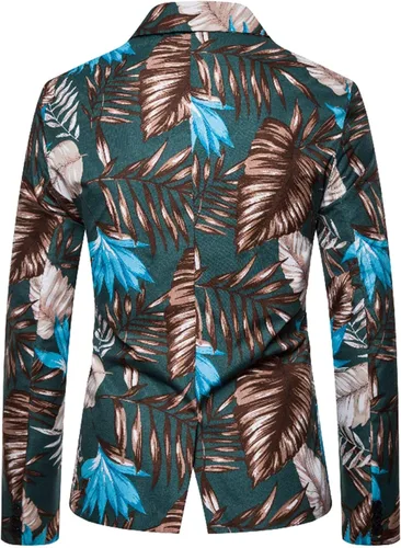 Vista 3 de Blazer hawaiano casual para hombre, diseño de flores, con un solo botón, manga larga, ajustado, chaqueta deportiva, A-Negro