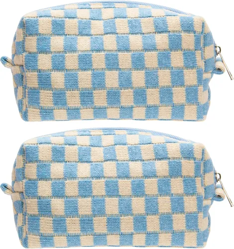 Vista 63 de PAZIMIIK Bolsa de Maquillaje a Cuadros para Bolso Portátil con Cremallera, Estuche Pequeño de Cosméticos para Accesorios de Viaje, Azul Ártico
