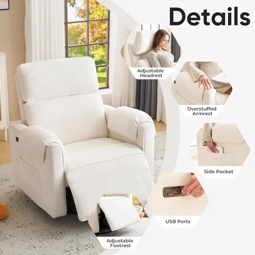 Vista 9 de Silla reclinable eléctrica extragrande, sillón basculante giratorio de 26" extra ancho con reposacabezas ajustable, silla mecedora de chenilla