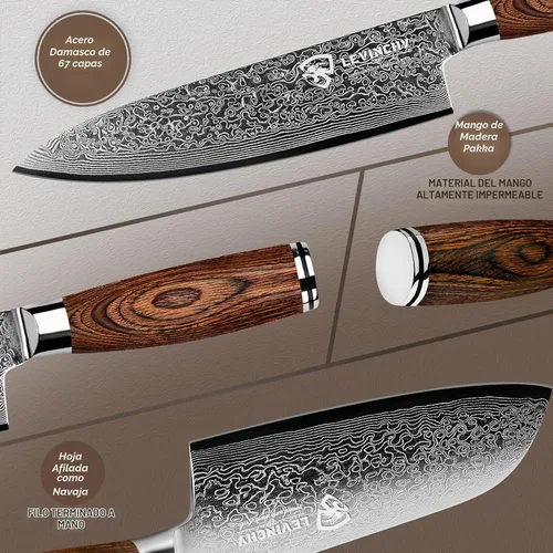 Vista 5 de Juego de cuchillos de cocina de damasco de 3 piezas, para chef Santoku, Pakkawood