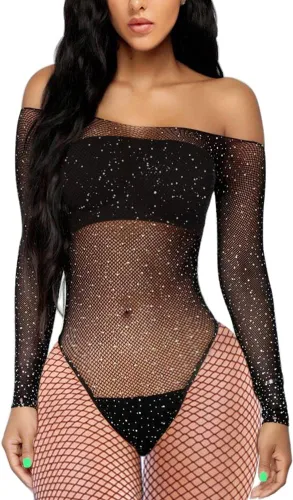 Vista 8 de Adove Lencería sexy de malla con diamantes de imitación para mujer, talla única