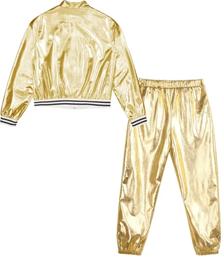 Vista 4 de Disfraz de baile de jazz hip hop para niños y niñas, chaqueta de cuero brillante, sudadera con pantalones deportivos