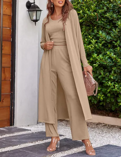 Vista 3 de Ekouaer - Conjunto de tres piezas para mujer de pijama de dormir, manga larga, cárdigan, top sin mangas y pantalones de sudadera, tallas S-XXL