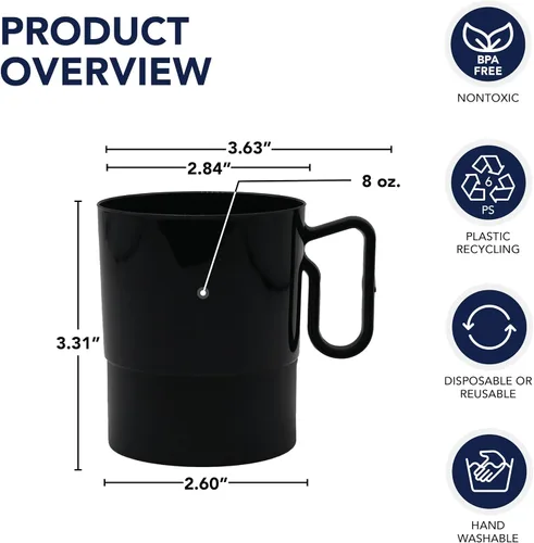 Vista 2 de Party Essentials Taza de café de plástico duro de 8 onzas con asa, 20 unidades, color negro bistró