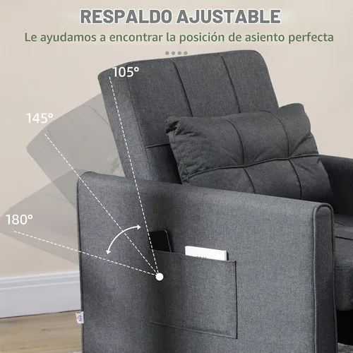 Vista 5 de HOMCOM - Silla convertible 3 en 1 para cama, sofá cama individual, color gris Extraíble, respaldo ajustable, almohada, bolsillos, multifuncional