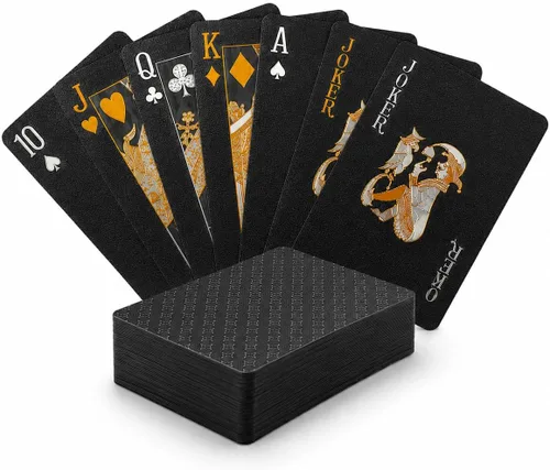 Vista 10 de 10 Paquetes de Cartas de Juego - 5 Negras 5 Doradas HD, 54 Cartas de Póquer Estándar de Plástico Impermeable para Fiestas Familiares Negro y dorado