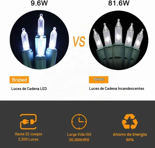 Vista 2 de Brizled Luces de Navidad, 33 pies, 100 LED Conectables de Extremo a Extremo, Mini Luces de Cadena de Navidad, 120V Certificadas UL, Blanco Frío, Luz