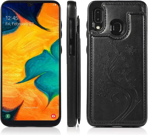 Vista 3 de Funda de teléfono para Samsung Galaxy A20 A30 con protector de pantalla de vidrio templado, tarjetero con soporte para tarjetero, soporte para Negro
